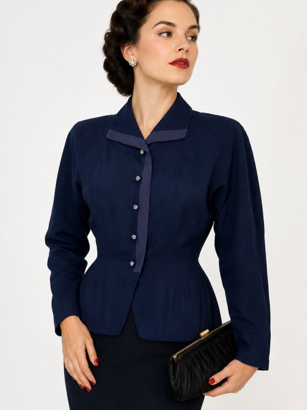 1940s Blue Gabardine Jacket Rhinestone Buttons Grosgrain Trim Fitted Peplum XS S